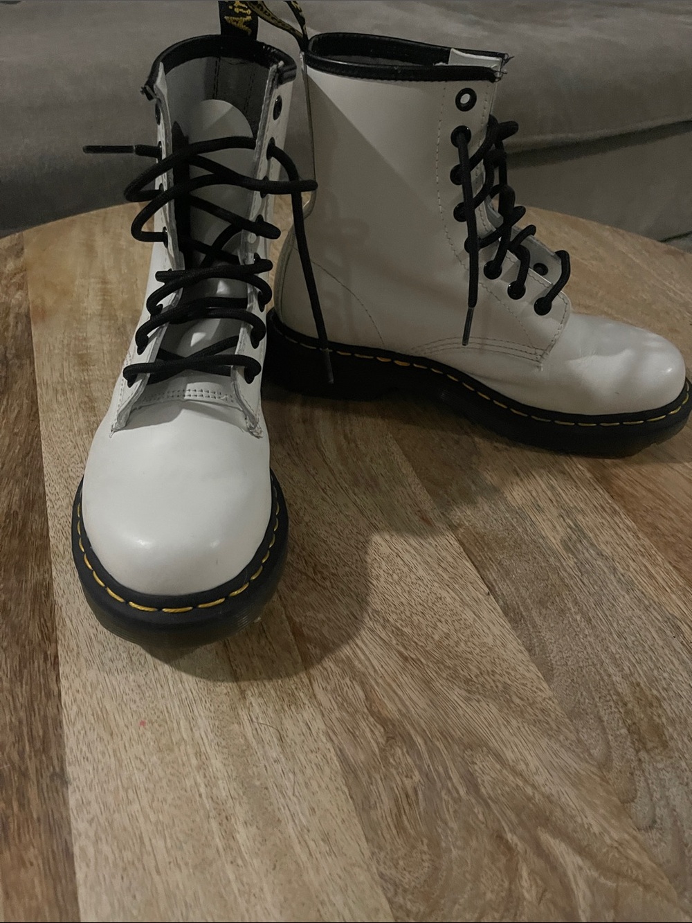 Dr. Martens White Leather Lace-Up Combat Boots with Black Laces